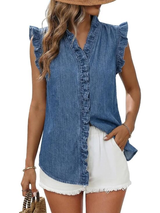 Jackets & Blazers - Women's Dark Blue Sleeveless Tops Button Up Peplum V Neck Jean Western Vest
